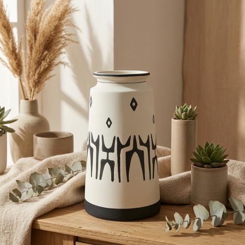 Modern Black & White Tall Decorative Vase – Abstract Hand-Painted Design