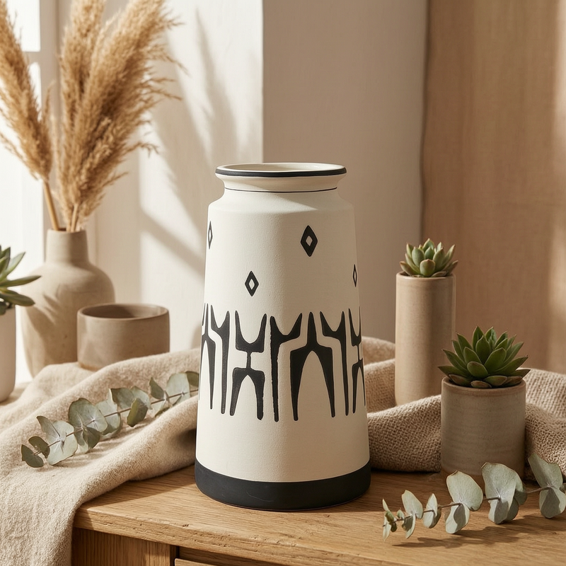 Modern Black & White Tall Decorative Vase – Abstract Hand-Painted Design