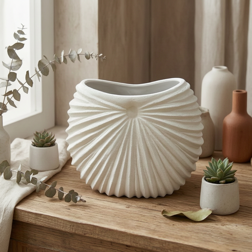 Modern Textured White Vase – Sculptural Fan Design Decorative Vase