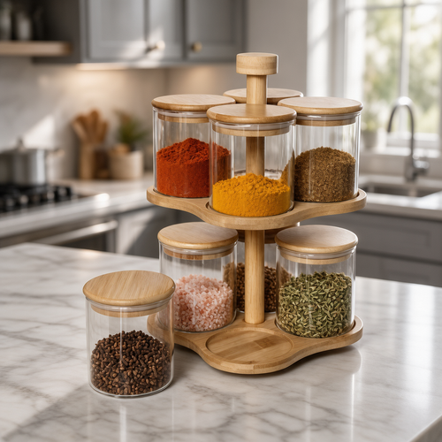 Luxury Glass Spice Carousel Rack with Airtight Wooden Lids