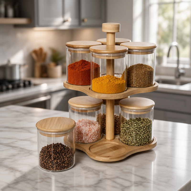 Luxury Glass Spice Carousel Rack with Airtight Wooden Lids