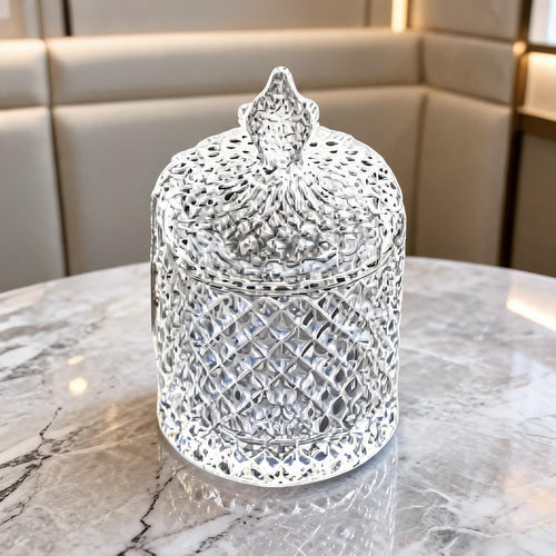 Vintage Diamond-Cut Glass Candy Jar with Lidded Finial