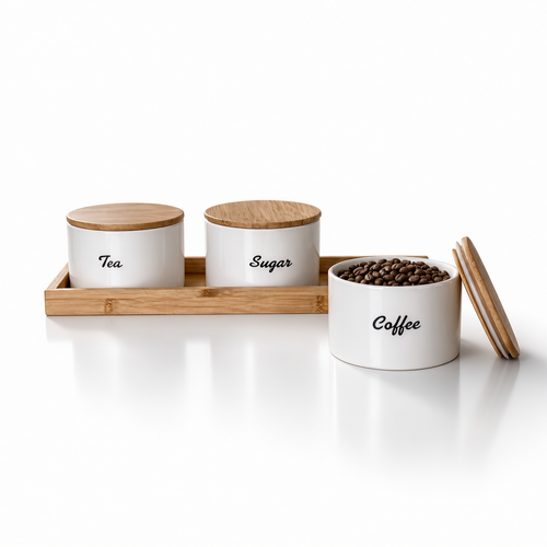 Luxury White Kitchen Storage Jar Set with Natural Wooden Tray Set of 3