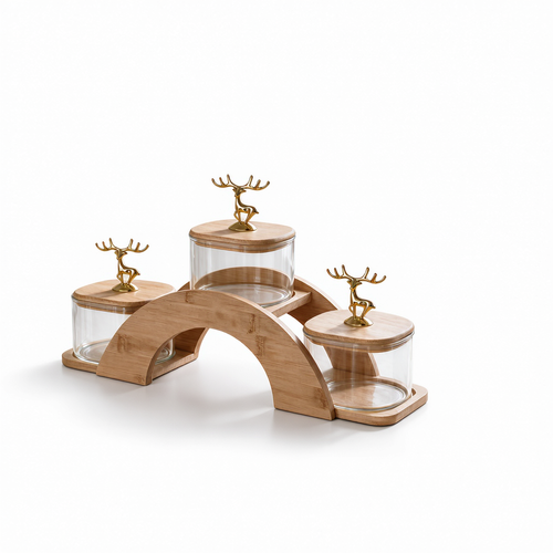 Golden Deer Glass Serving Bowls - Natural Bamboo Bridge Tray Set of 3
