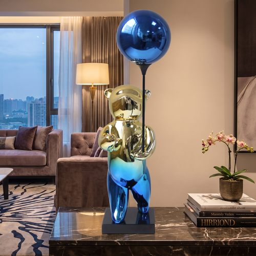 Elegant Blue & Gold Balloon Bear Statue