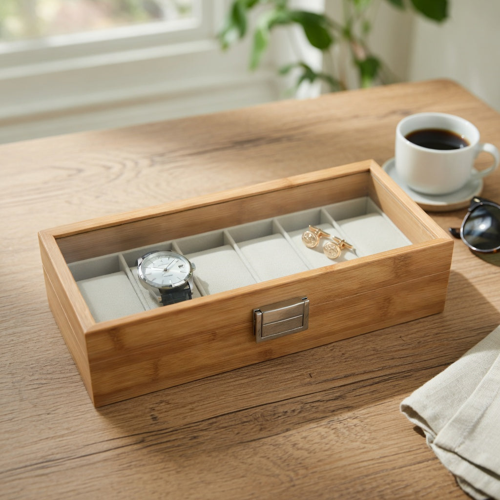 Elegant Bamboo Watch Box with Glass Top