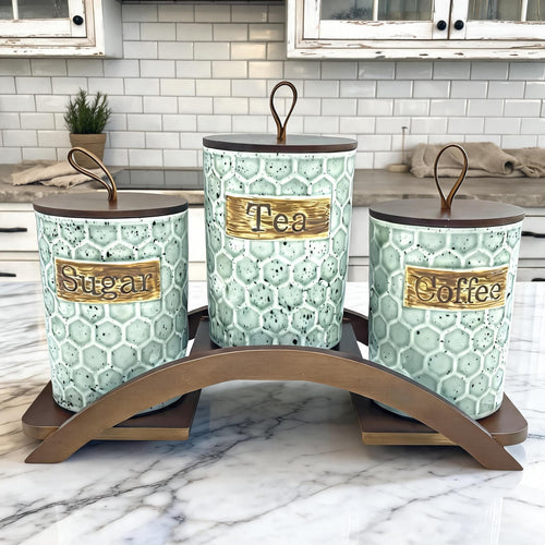 Rustic Honeycomb Tea Coffee Sugar Canister Set with Wooden Stand