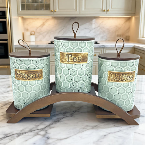 Rustic Honeycomb Tea Coffee Sugar Canister Set with Wooden Stand
