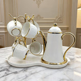 Luxury Tea & Coffee Pot Set with Gold Trim, Mug Tree & Serving Tray (Set of 8)