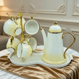 Luxury Yellow & White Teapot Set with Gold Trim, Stand & Serving Tray Set of 8
