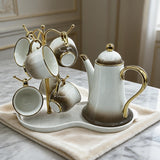 Luxury Taupe Teapot Set with Gold Trim, Stand & Serving Tray (Set of 8)