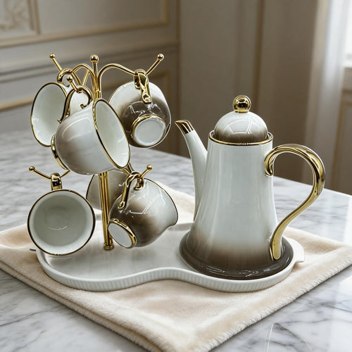 Luxury Taupe Teapot Set with Gold Trim, Stand & Serving Tray (Set of 8)