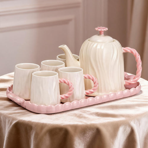 Pastel Pink & Ivory Tea Set with Twisted Handles & Tray Set of 8