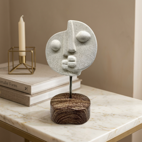 Abstract Cubist Face Sculpture on Wooden Stand