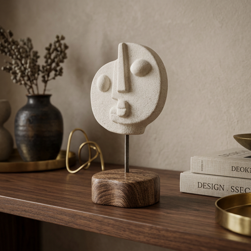 Abstract Cubist Face Sculpture on Wooden Stand