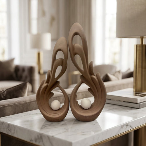 Flame & Orb Ceramic Tabletop Sculptures Set of 2