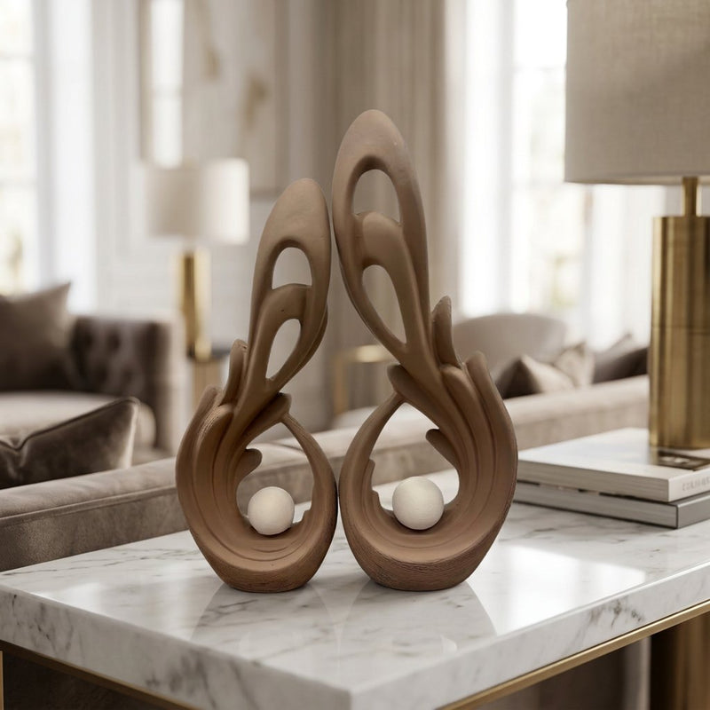 Flame & Orb Ceramic Tabletop Sculptures Set of 2