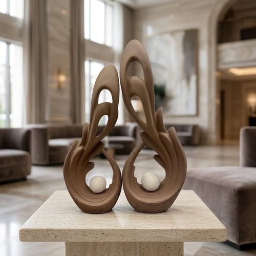 Flame & Orb Ceramic Tabletop Sculptures Set of 2