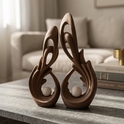 Flame & Orb Ceramic Tabletop Sculptures Set of 2