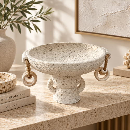 Elegant Volcanic Bowl with Wooden Ring Accents