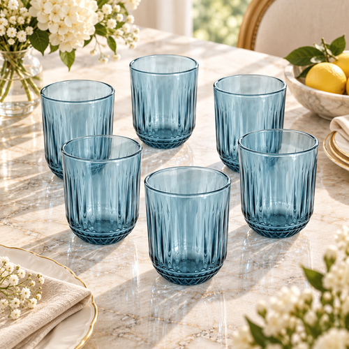 Ocean Blue Vertical Textured Glass Set 6 Piece (250 ML)