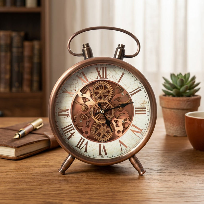 Industrial Copper Twin-Bell Style Mantel Clock