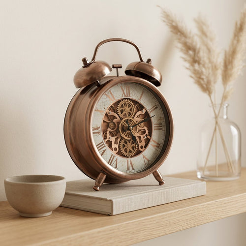 Industrial Copper Twin-Bell Style Mantel Clock