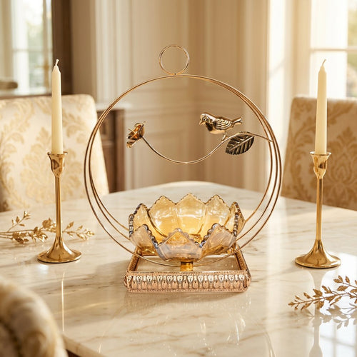 Elegant Glass Bowl with Gold Bird Hoop Stand