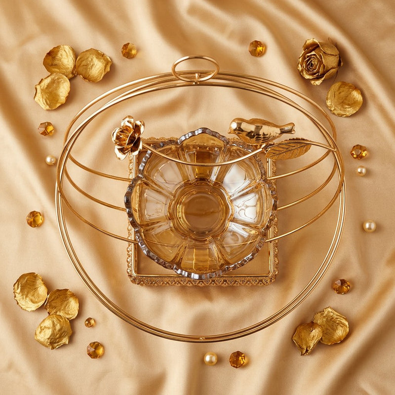 Elegant Glass Bowl with Gold Bird Hoop Stand