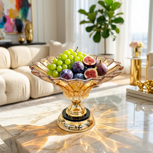 Luxury Amber Crystal Glass Bowl with Gold Base
