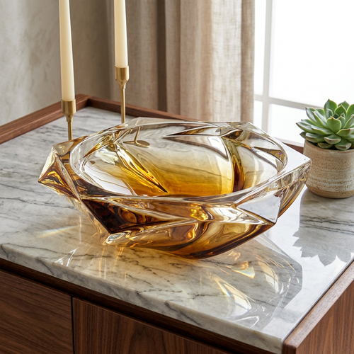 Elegant Hexagonal Amber Crystal Glass Bowl
