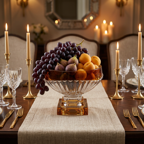 Elegant Amber & Crystal Glass Centerpiece Bowl