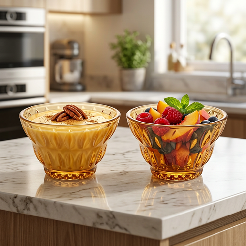 Amber Diamond Cut Glass Dessert & Serving Bowls Set of 6