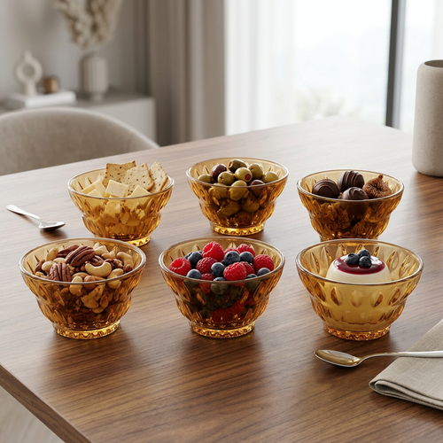 Amber Diamond Cut Glass Dessert & Serving Bowls Set of 6