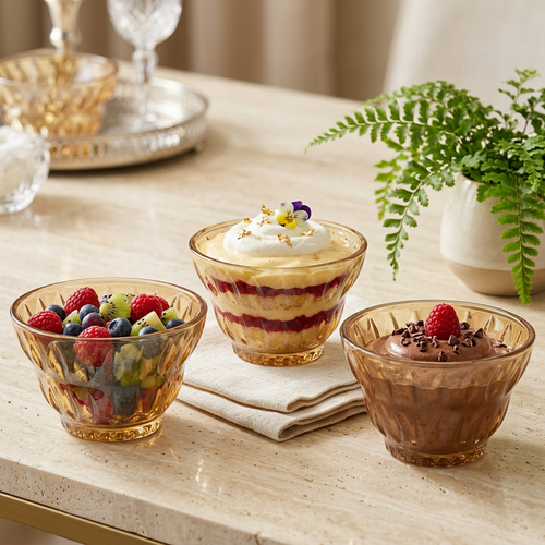 Amber Diamond Cut Glass Dessert & Serving Bowls Set of 6