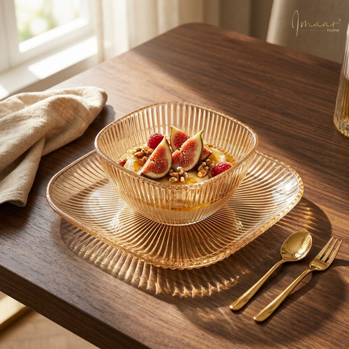 Amber Glass Bowl & Square Plate Service Set of 6