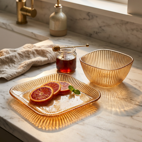 Amber Glass Bowl & Square Plate Service Set of 6