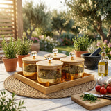 Gold Accent Glass Jar Set with Wooden Serving Tray