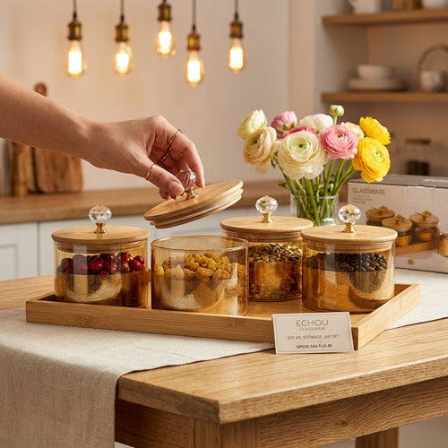 Gold Accent Glass Jar Set with Wooden Serving Tray