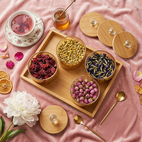 Gold Accent Glass Jar Set with Wooden Serving Tray