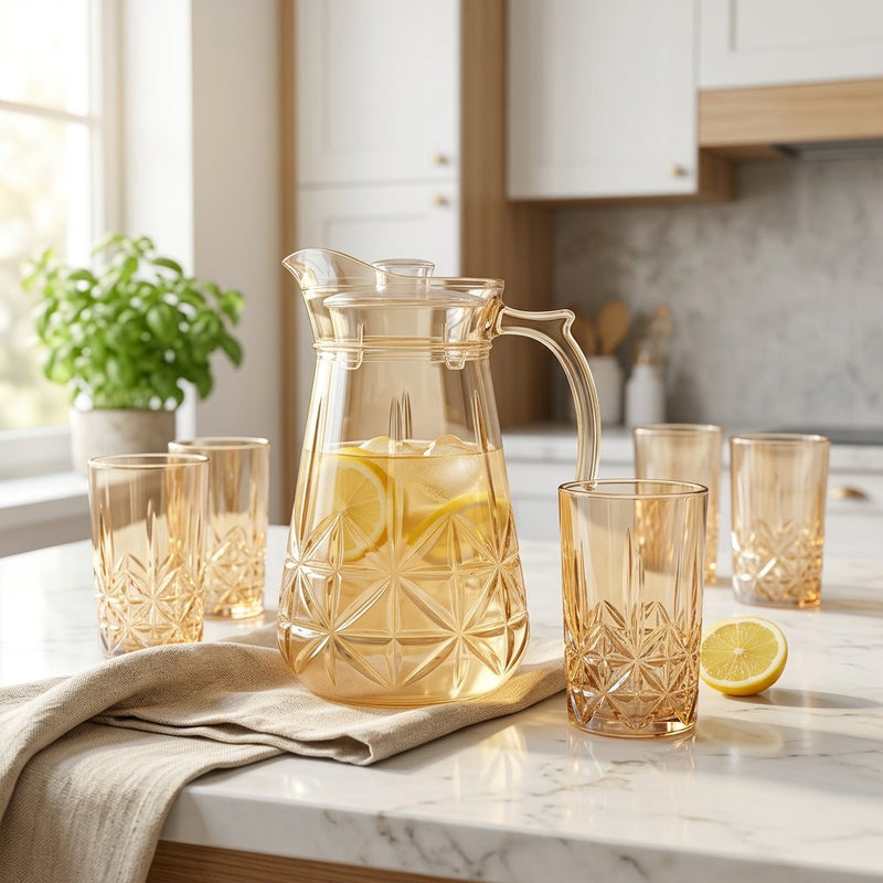 Amber Tinted Glass Water Pitcher and Glass Set 7 Piece