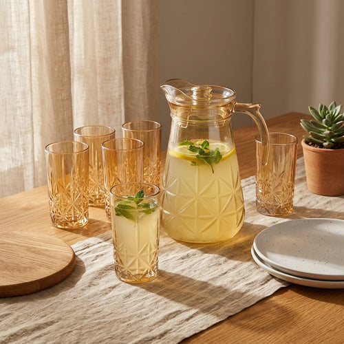 Amber Tinted Glass Water Pitcher and Glass Set 7 Piece