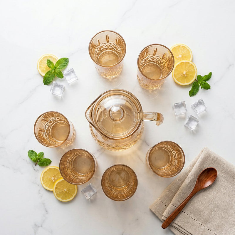 Amber Tinted Glass Water Pitcher and Glass Set 7 Piece