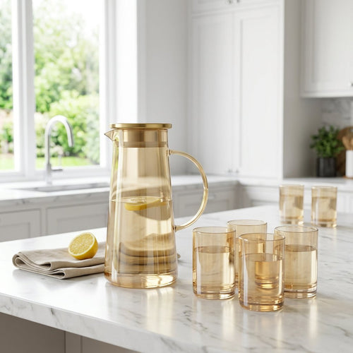 Elegant Amber Glass Pitcher and Beverage Glass Set 7 Piece