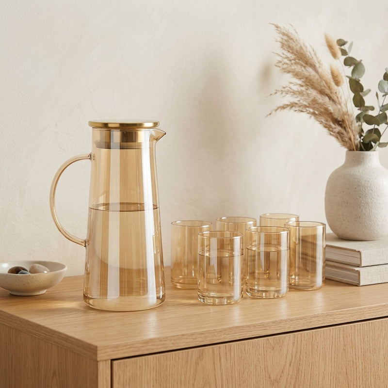 Elegant Amber Glass Pitcher and Beverage Glass Set 7 Piece