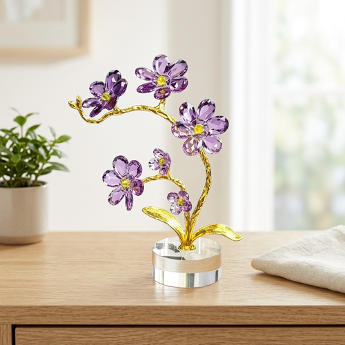 Elegant Violet Glass Orchid Branch Showpiece