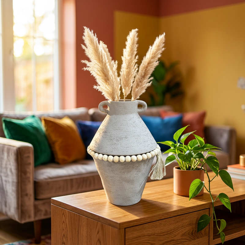 Stone Grey Textured Urn Vase with Wooden Bead
