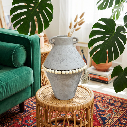Stone Grey Textured Urn Vase with Wooden Bead