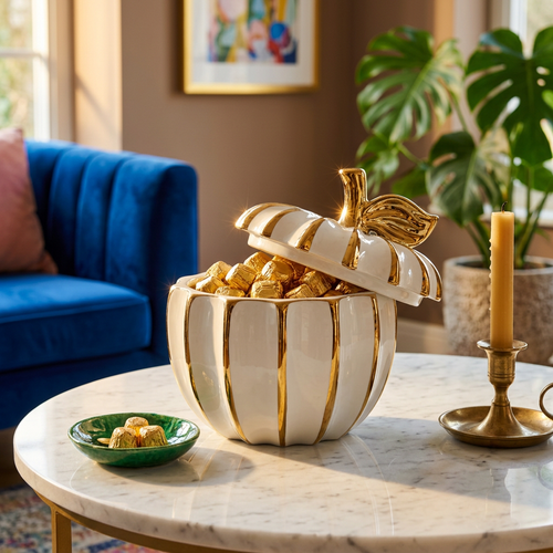 Elegant Gilded Apple Ceramic Jar with Lid