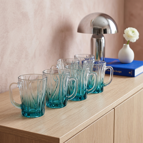 Emerald Teal Flame-Textured Glass Set of 6